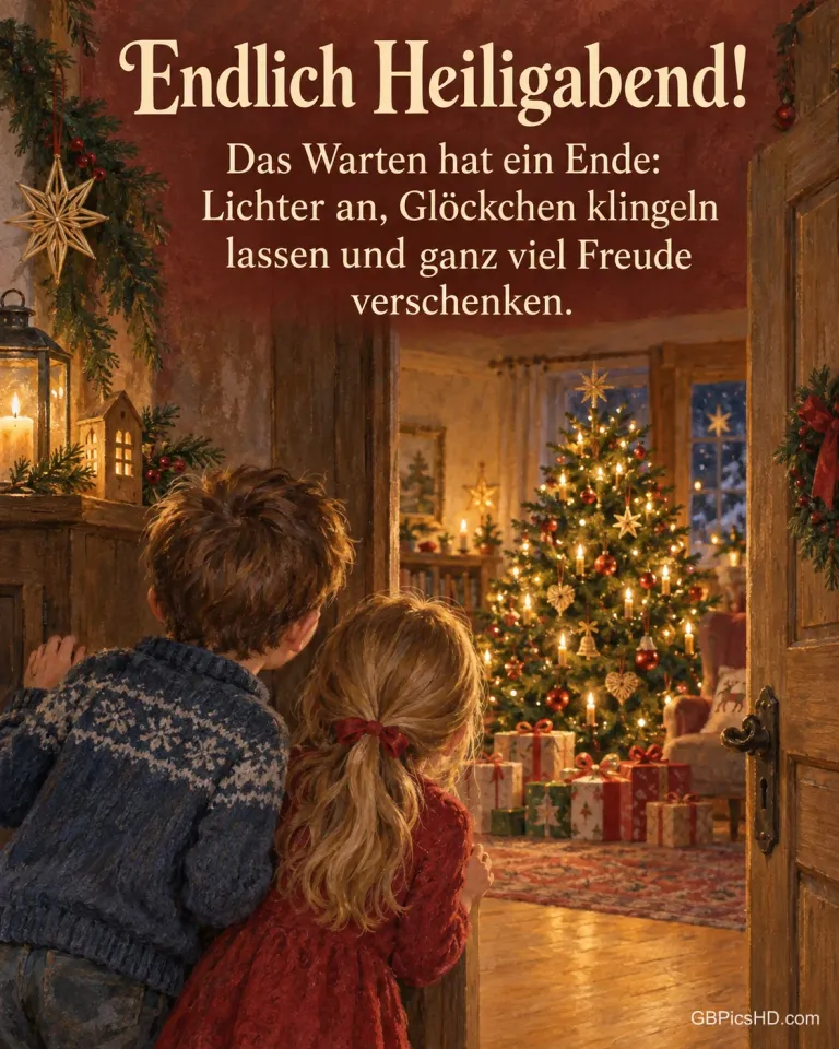 Zwei Kinder schauen von hinten durch die halb geöffnete Wohnzimmertür auf den leuchtenden Weihnachtsbaum mit Geschenken, dazu „Endlich Heiligabend!“.