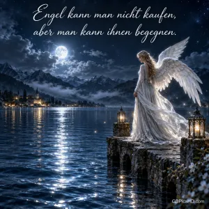 Eine Engelsfrau mit weißen Flügeln steht nachts auf einem Steg mit Laternen am mondbeschienenen See, darüber "Engel kann man nicht kaufen, aber man kann ihnen begegnen."