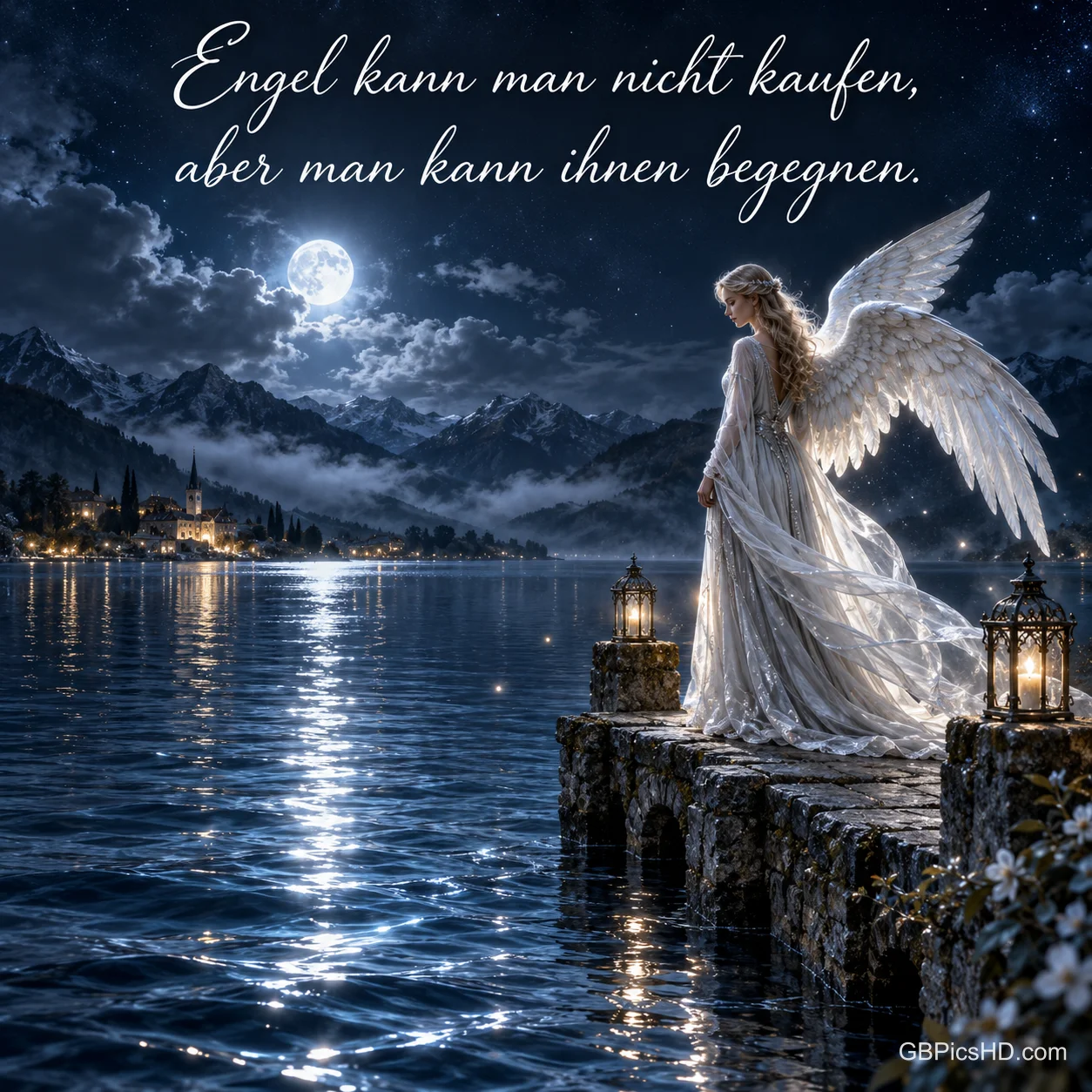 Eine Engelsfrau mit weißen Flügeln steht nachts auf einem Steg mit Laternen am mondbeschienenen See, darüber "Engel kann man nicht kaufen, aber man kann ihnen begegnen." Eine Engelsfrau mit weißen Flügeln steht nachts auf einem Steg mit Laternen am mondbeschienenen See, darüber "Engel kann man nicht kaufen, aber man kann ihnen begegnen."