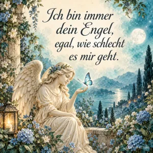 Ein sanfter Engel mit Blumenkranz sitzt in einem blühenden Garten am See und betrachtet einen blauen Schmetterling auf seiner Hand, mit "Ich bin immer dein Engel"