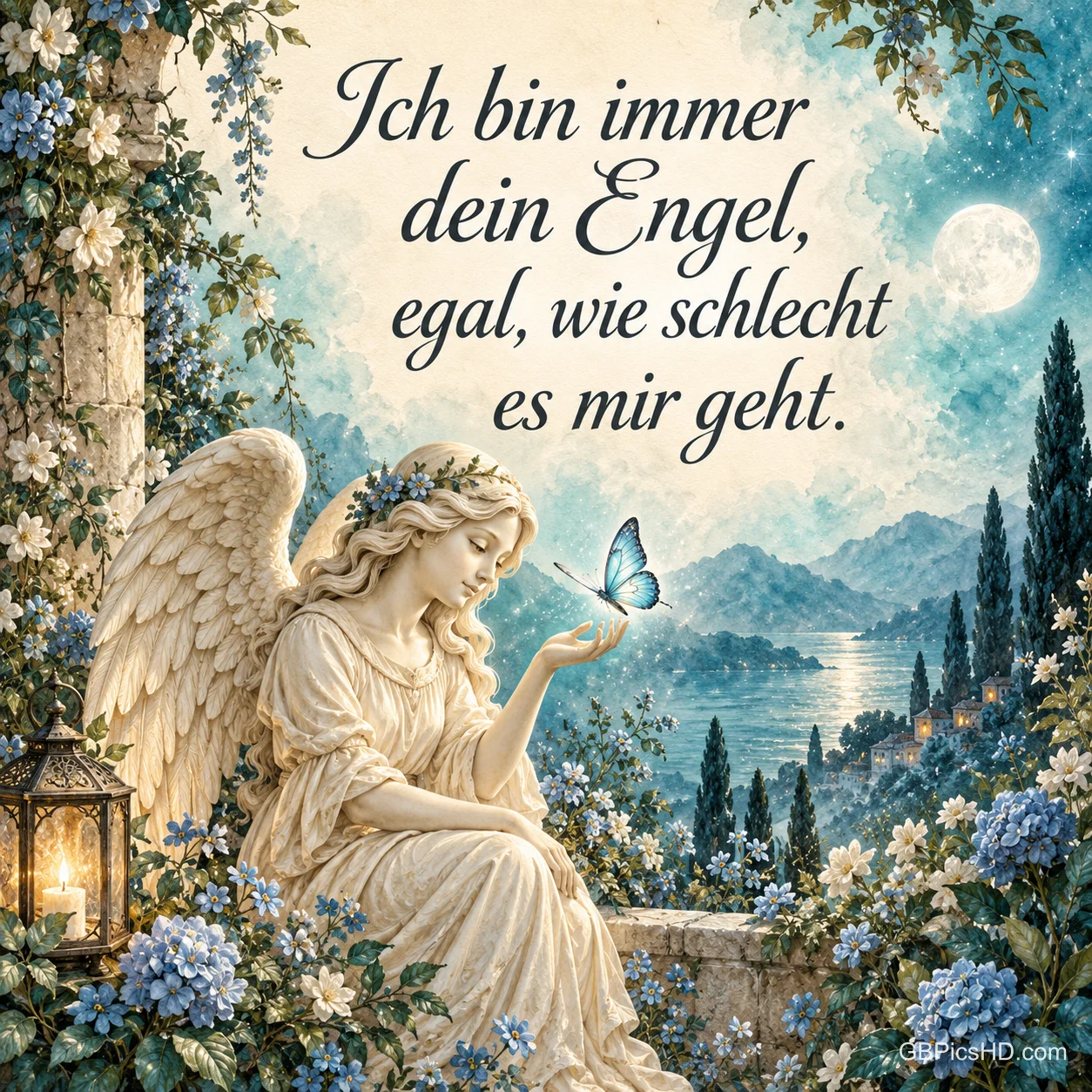Ein sanfter Engel mit Blumenkranz sitzt in einem blühenden Garten am See und betrachtet einen blauen Schmetterling auf seiner Hand, mit "Ich bin immer dein Engel" Ein sanfter Engel mit Blumenkranz sitzt in einem blühenden Garten am See und betrachtet einen blauen Schmetterling auf seiner Hand, mit "Ich bin immer dein Engel"