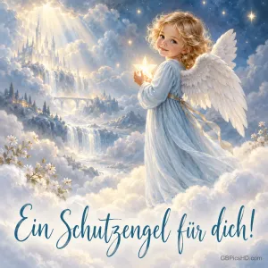 Ein kleiner Engel mit goldenen Locken hält einen leuchtenden Stern in einer himmlischen Wolkenlandschaft mit Wasserfällen, darunter "Ein Schutzengel für dich!"