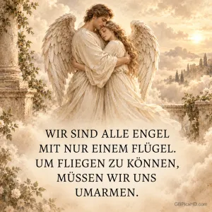 Zwei Engel mit großen Flügeln umarmen sich innig vor sonnigen Wolken und Säulen, darunter der Spruch "Wir sind alle Engel mit nur einem Flügel."
