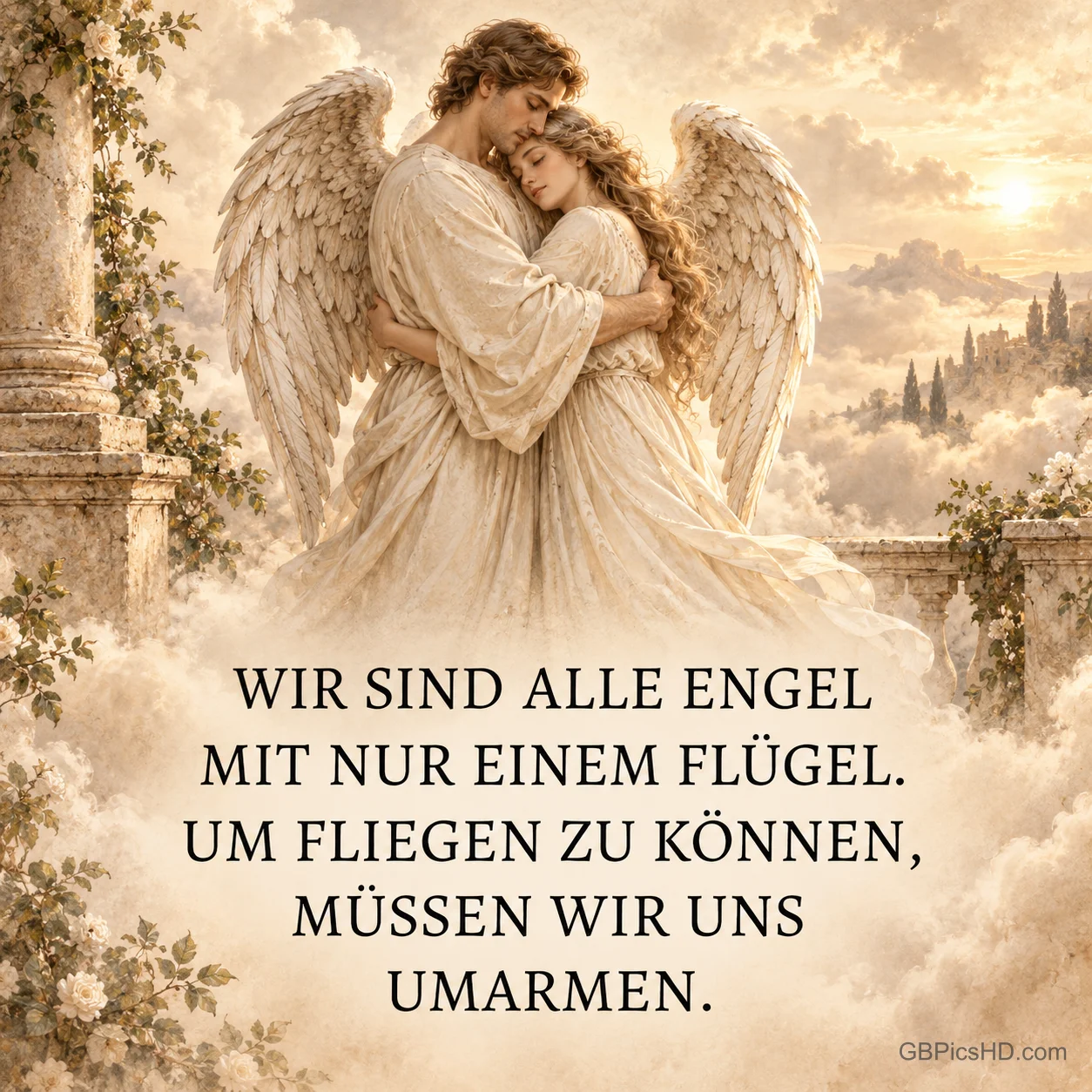 Zwei Engel mit großen Flügeln umarmen sich innig vor sonnigen Wolken und Säulen, darunter der Spruch "Wir sind alle Engel mit nur einem Flügel." Zwei Engel mit großen Flügeln umarmen sich innig vor sonnigen Wolken und Säulen, darunter der Spruch "Wir sind alle Engel mit nur einem Flügel."