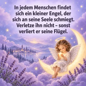 Ein kleines Engelsmädchen mit Heiligenschein sitzt auf einer goldenen Mondsichel über lila Wolken und Lavendel, dazu ein Spruch über den Engel in jedem Menschen