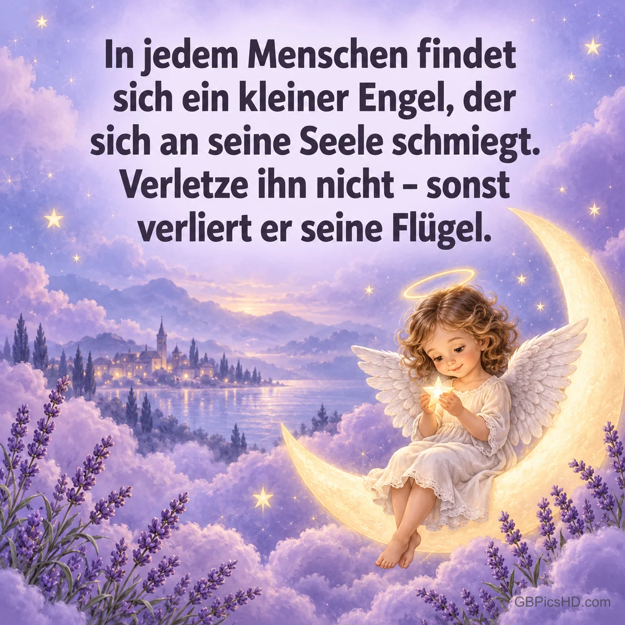 Ein kleines Engelsmädchen mit Heiligenschein sitzt auf einer goldenen Mondsichel über lila Wolken und Lavendel, dazu ein Spruch über den Engel in jedem Menschen Ein kleines Engelsmädchen mit Heiligenschein sitzt auf einer goldenen Mondsichel über lila Wolken und Lavendel, dazu ein Spruch über den Engel in jedem Menschen