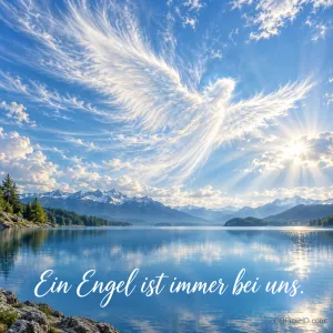 Federwolken in Form eines Engels mit ausgebreiteten Flügeln über einem klaren Bergsee im Sonnenlicht, darunter der Satz "Ein Engel ist immer bei uns."