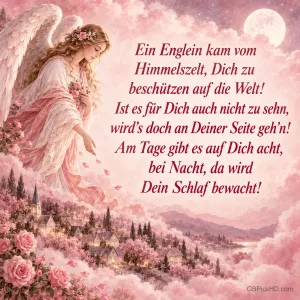 Ein Engel in rosa Gewand schwebt über einer blühenden Rosenlandschaft mit Dorf und Mond, daneben das Gedicht "Ein Englein kam vom Himmelszelt"