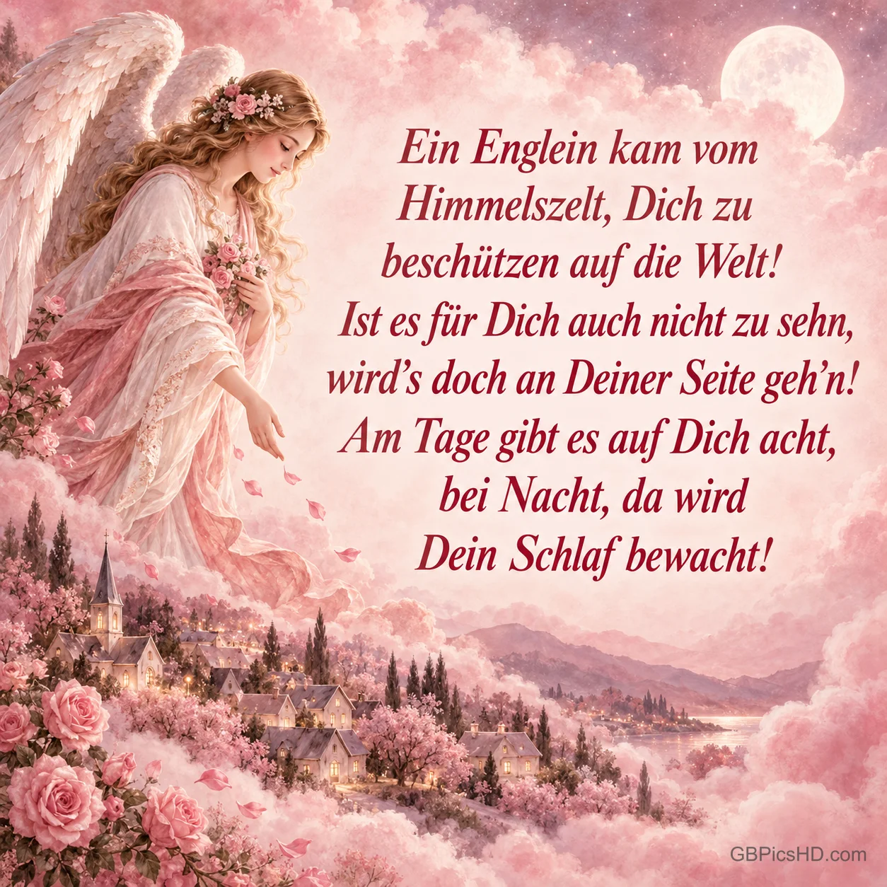 Ein Engel in rosa Gewand schwebt über einer blühenden Rosenlandschaft mit Dorf und Mond, daneben das Gedicht "Ein Englein kam vom Himmelszelt" Ein Engel in rosa Gewand schwebt über einer blühenden Rosenlandschaft mit Dorf und Mond, daneben das Gedicht "Ein Englein kam vom Himmelszelt"