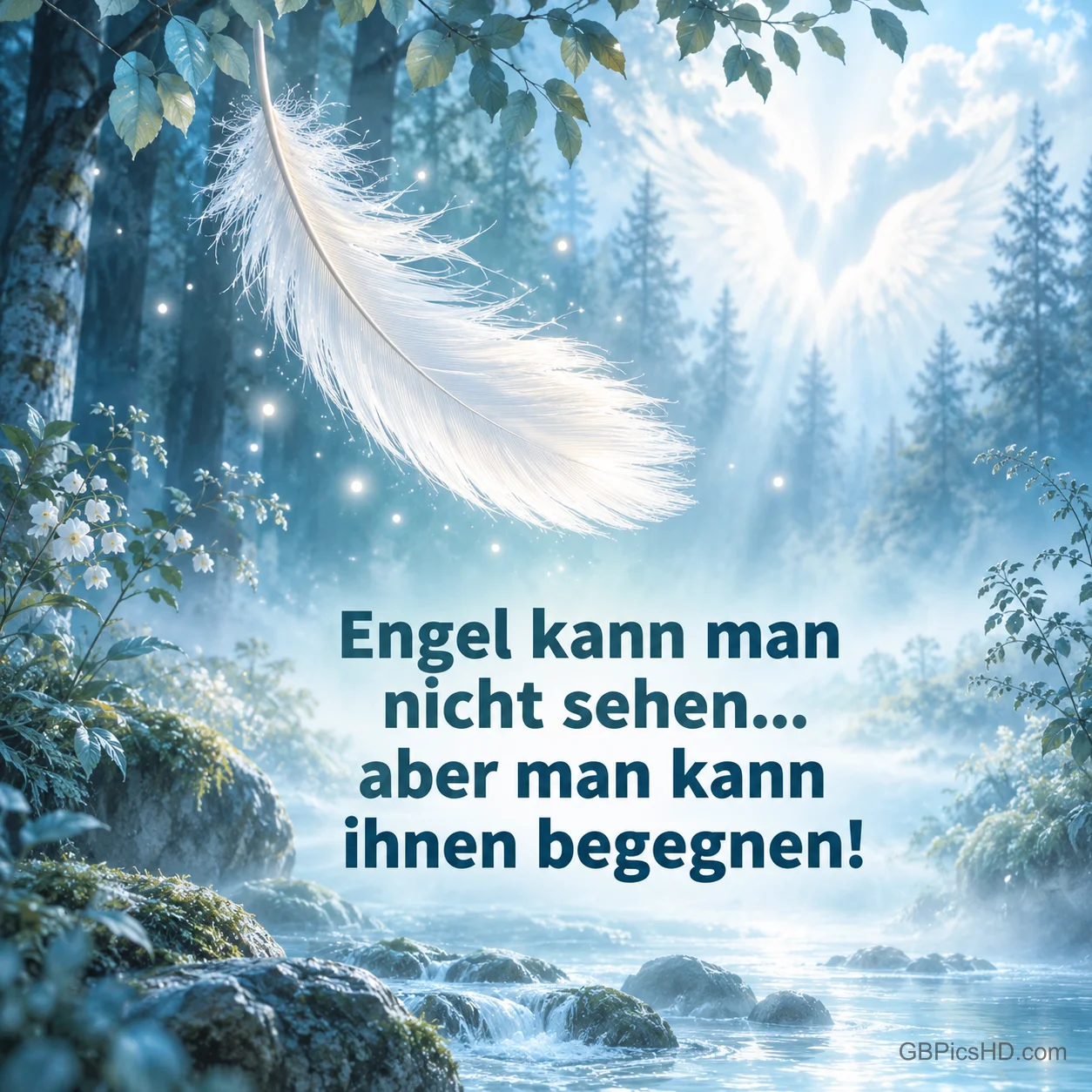 Eine schwebende weiße Feder in einem lichtdurchfluteten Wald mit Bach und Nebel, in dem sich Flügel abzeichnen, dazu "Engel kann man nicht sehen... aber man kann ihnen begegnen!" Eine schwebende weiße Feder in einem lichtdurchfluteten Wald mit Bach und Nebel, in dem sich Flügel abzeichnen, dazu "Engel kann man nicht sehen... aber man kann ihnen begegnen!"