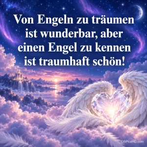 Ein funkelndes Kristallherz zwischen weißen Engelsflügeln auf lila Wolken unter einem Sternenhimmel, darüber "Von Engeln zu träumen ist wunderbar, aber einen Engel zu kennen ist traumhaft schön!"