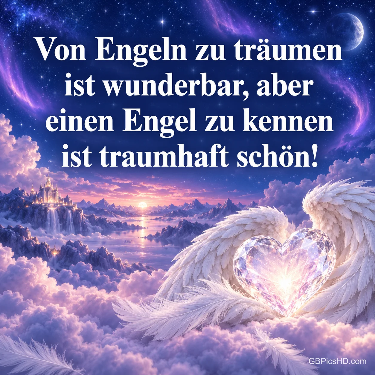 Ein funkelndes Kristallherz zwischen weißen Engelsflügeln auf lila Wolken unter einem Sternenhimmel, darüber "Von Engeln zu träumen ist wunderbar, aber einen Engel zu kennen ist traumhaft schön!" Ein funkelndes Kristallherz zwischen weißen Engelsflügeln auf lila Wolken unter einem Sternenhimmel, darüber "Von Engeln zu träumen ist wunderbar, aber einen Engel zu kennen ist traumhaft schön!"