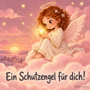 Ein kleines Engelsmädchen mit roten Locken und Blumen im Haar sitzt auf rosa Wolken und hält einen goldenen Stern, darunter "Ein Schutzengel für dich!"