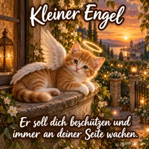 Ein rot getigertes Kätzchen mit Engelsflügeln und Heiligenschein liegt auf einer Steinmauer im warmen Abendlicht, dazu die Worte "Kleiner Engel" und ein Schutzwunsch