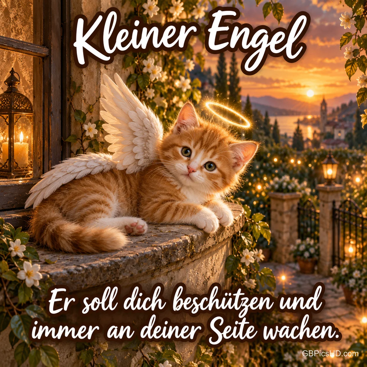 Ein rot getigertes Kätzchen mit Engelsflügeln und Heiligenschein liegt auf einer Steinmauer im warmen Abendlicht, dazu die Worte "Kleiner Engel" und ein Schutzwunsch Ein rot getigertes Kätzchen mit Engelsflügeln und Heiligenschein liegt auf einer Steinmauer im warmen Abendlicht, dazu die Worte "Kleiner Engel" und ein Schutzwunsch