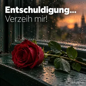 Rote Rose mit Regentropfen auf einer nassen Fensterbank in der Abenddämmerung mit dem Text "Entschuldigung... Verzeih mir!".