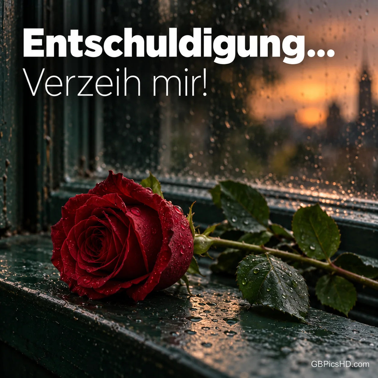 Rote Rose mit Regentropfen auf einer nassen Fensterbank in der Abenddämmerung mit dem Text "Entschuldigung... Verzeih mir!". Rote Rose mit Regentropfen auf einer nassen Fensterbank in der Abenddämmerung mit dem Text "Entschuldigung... Verzeih mir!".