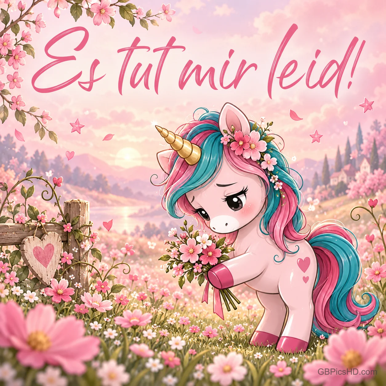 Niedliches Einhorn mit gesenktem Blick hält einen Blumenstrauß auf einer rosa Blumenwiese, darüber "Es tut mir leid!". Niedliches Einhorn mit gesenktem Blick hält einen Blumenstrauß auf einer rosa Blumenwiese, darüber "Es tut mir leid!".