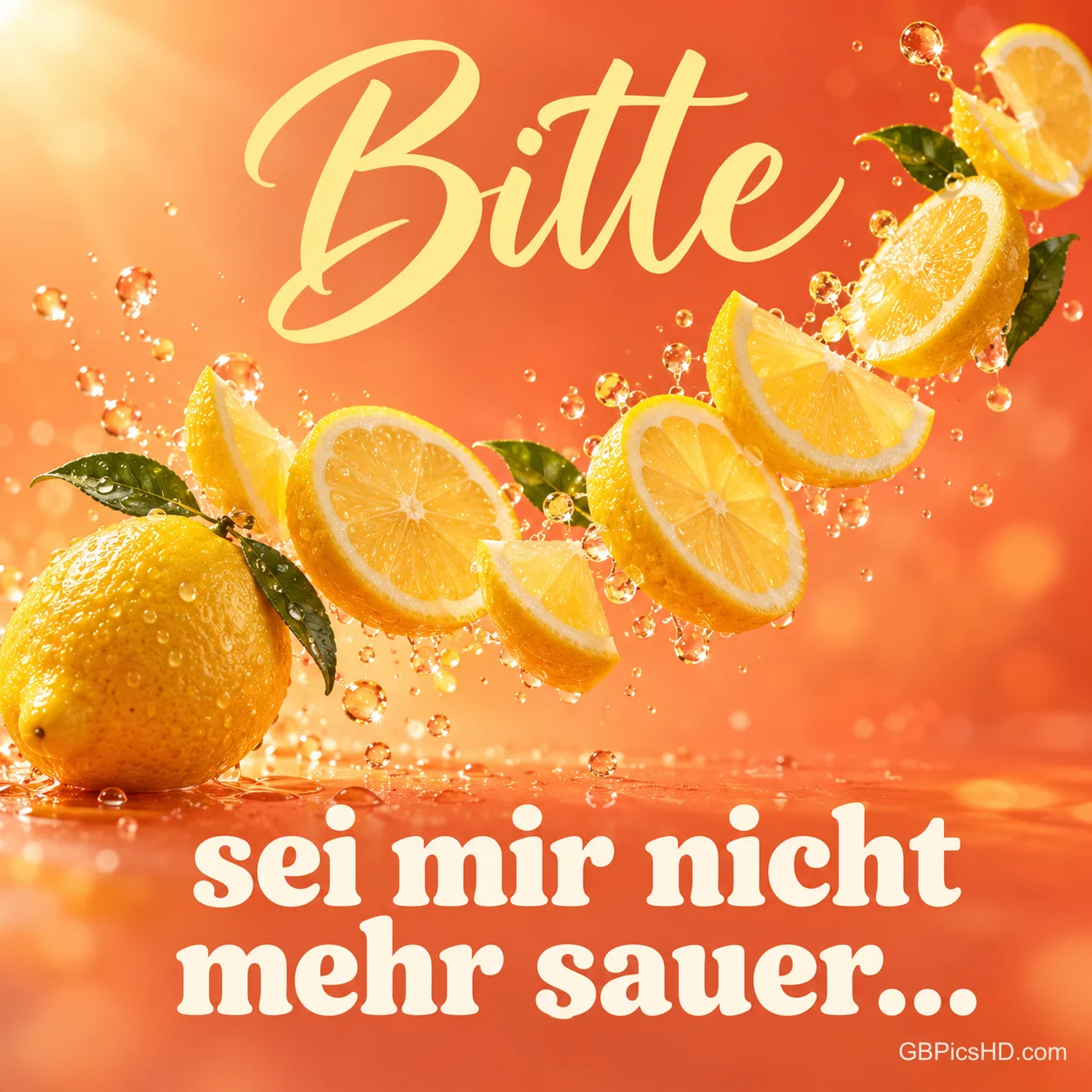 Fliegende Zitronenscheiben mit Wasserspritzern auf orangem Hintergrund und dem Text "Bitte sei mir nicht mehr sauer...". Fliegende Zitronenscheiben mit Wasserspritzern auf orangem Hintergrund und dem Text "Bitte sei mir nicht mehr sauer...".