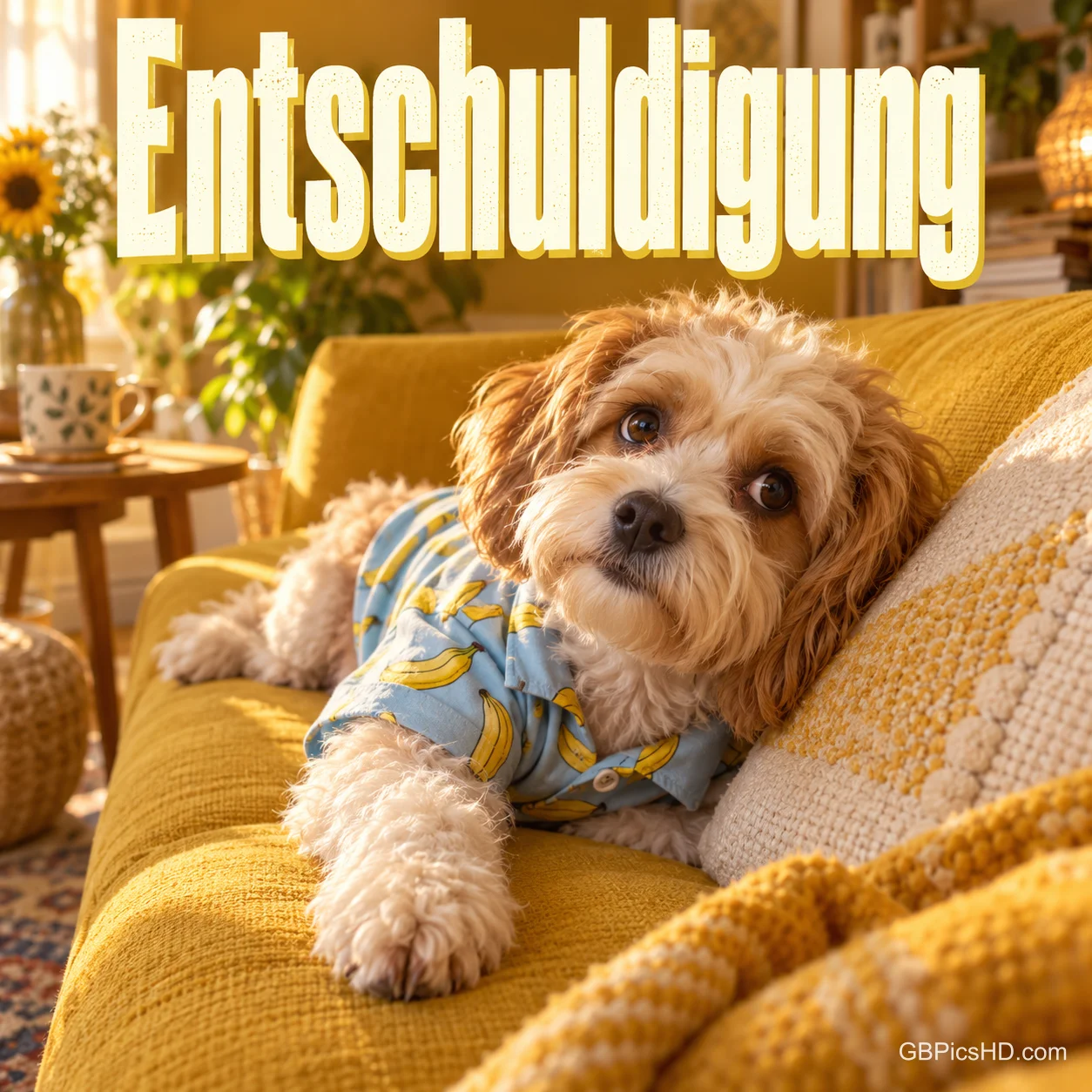 Kleiner Hund im Bananen-Hemd liegt mit treuem Blick auf einem gelben Sofa, darüber der Schriftzug "Entschuldigung". Kleiner Hund im Bananen-Hemd liegt mit treuem Blick auf einem gelben Sofa, darüber der Schriftzug "Entschuldigung".
