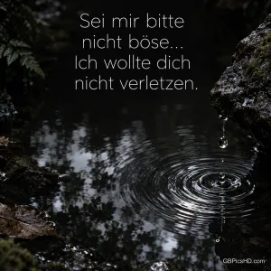 Wassertropfen fällt in einen dunklen Waldteich und zieht Kreise, dazu der Text "Sei mir bitte nicht böse... Ich wollte dich nicht verletzen.".
