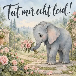Kleiner Aquarell-Elefant mit Rosenstrauß im Rüssel in einem blühenden Garten und dem Text "Tut mir echt leid!".