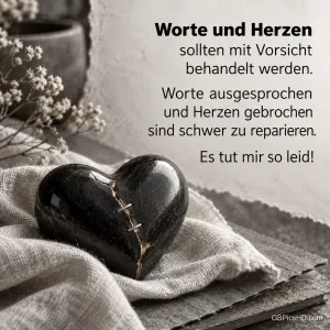 Genähtes schwarzes Herz auf grauem Leinentuch mit dem Spruch "Worte und Herzen sollten mit Vorsicht behandelt werden … Es tut mir so leid!".