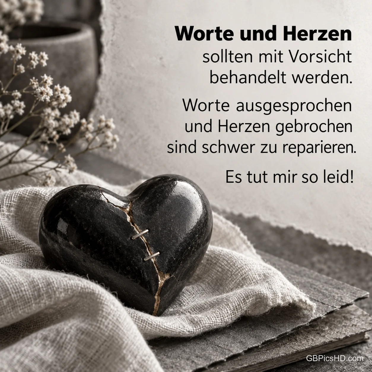 Genähtes schwarzes Herz auf grauem Leinentuch mit dem Spruch "Worte und Herzen sollten mit Vorsicht behandelt werden … Es tut mir so leid!". Genähtes schwarzes Herz auf grauem Leinentuch mit dem Spruch "Worte und Herzen sollten mit Vorsicht behandelt werden … Es tut mir so leid!".