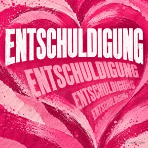 Pinkes gemaltes Herz, in dem das Wort "ENTSCHULDIGUNG" mehrfach in kleiner werdender Schrift wiederholt wird.