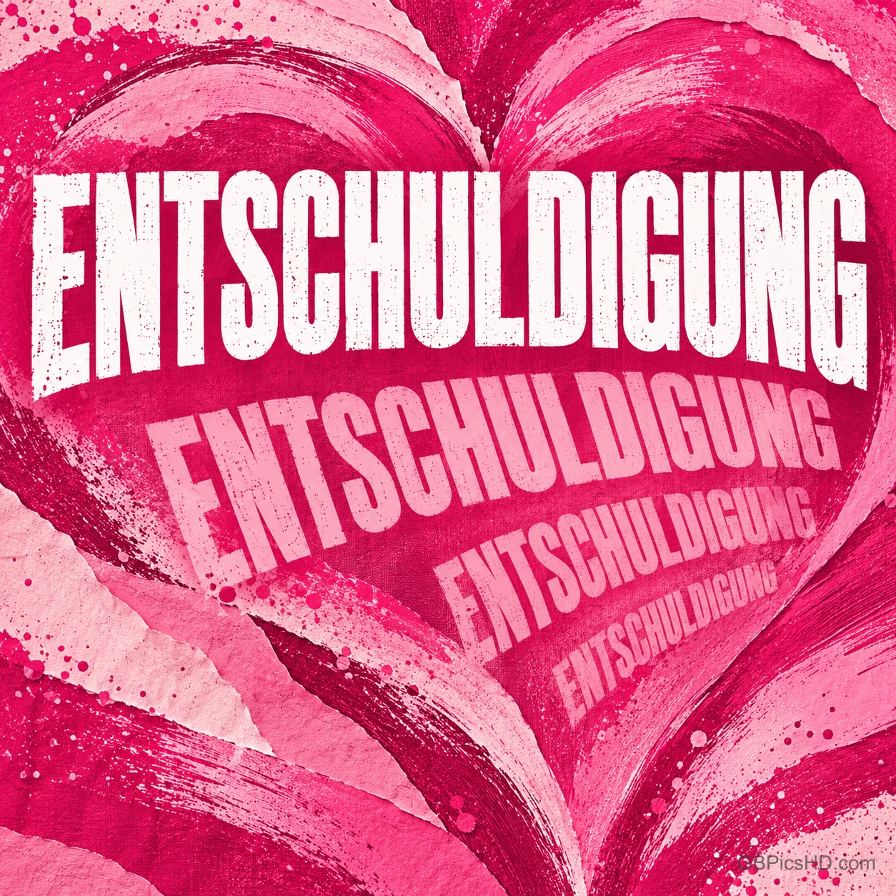 Pinkes gemaltes Herz, in dem das Wort "ENTSCHULDIGUNG" mehrfach in kleiner werdender Schrift wiederholt wird. Pinkes gemaltes Herz, in dem das Wort "ENTSCHULDIGUNG" mehrfach in kleiner werdender Schrift wiederholt wird.