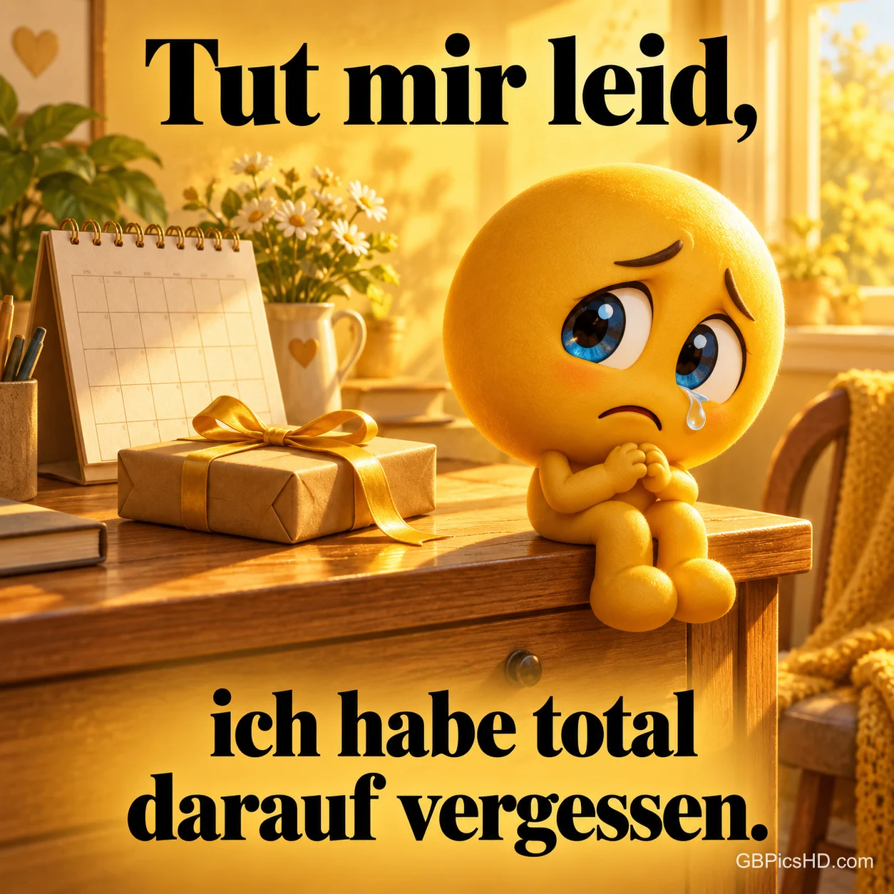 Trauriges gelbes Smiley-Männchen mit Träne sitzt auf einem Schreibtisch neben Kalender und Geschenk, dazu "Tut mir leid, ich habe total darauf vergessen.". Trauriges gelbes Smiley-Männchen mit Träne sitzt auf einem Schreibtisch neben Kalender und Geschenk, dazu "Tut mir leid, ich habe total darauf vergessen.".