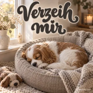 Schlafender Welpe in einem gemütlichen Körbchen am Fenster, darüber der Schriftzug "Verzeih mir".
