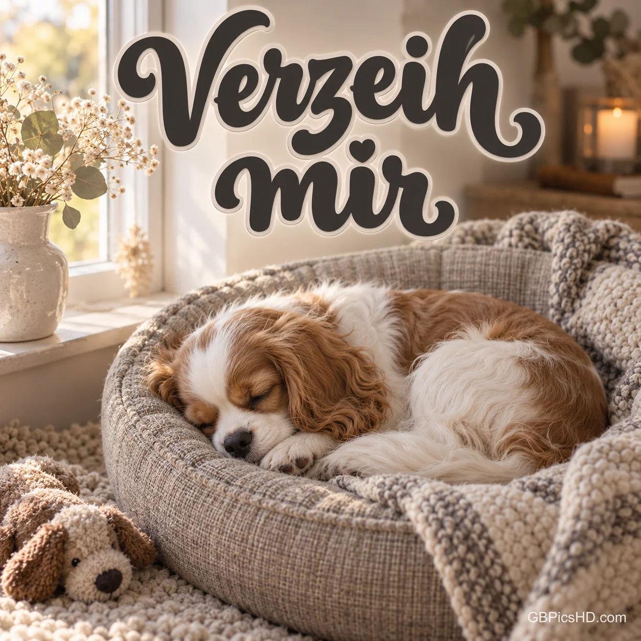 Schlafender Welpe in einem gemütlichen Körbchen am Fenster, darüber der Schriftzug "Verzeih mir". Schlafender Welpe in einem gemütlichen Körbchen am Fenster, darüber der Schriftzug "Verzeih mir".