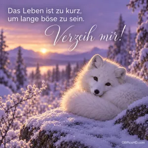 Ein weißer Polarfuchs liegt zusammengerollt auf einem verschneiten Felsen im Abendlicht, dazu "Das Leben ist zu kurz, um lange böse zu sein. Verzeih mir!".