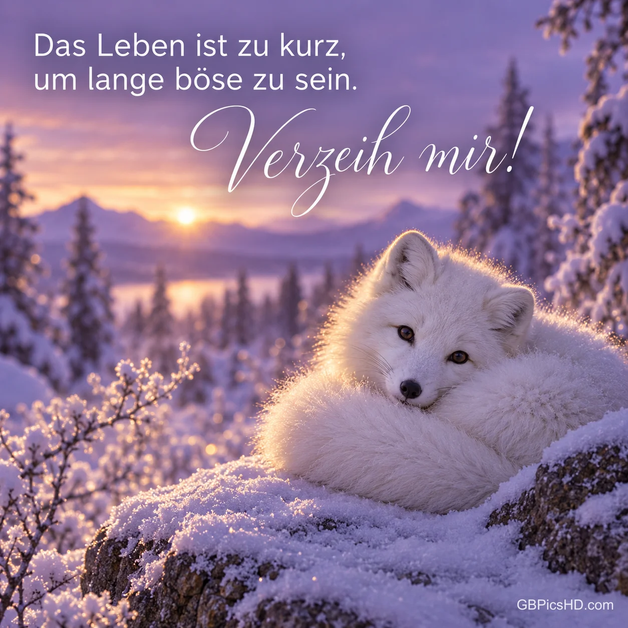 Ein weißer Polarfuchs liegt zusammengerollt auf einem verschneiten Felsen im Abendlicht, dazu "Das Leben ist zu kurz, um lange böse zu sein. Verzeih mir!". Ein weißer Polarfuchs liegt zusammengerollt auf einem verschneiten Felsen im Abendlicht, dazu "Das Leben ist zu kurz, um lange böse zu sein. Verzeih mir!".