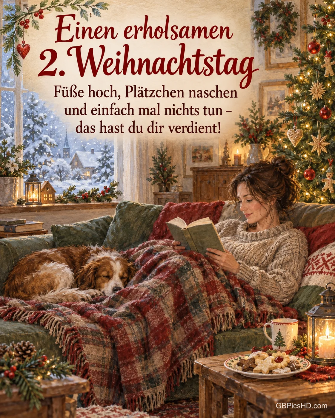 Eine Frau liegt unter einer Decke auf dem Sofa und liest, ein Hund schläft zu ihren Füßen, dahinter der Weihnachtsbaum, dazu „Einen erholsamen 2. Weihnachtstag“.