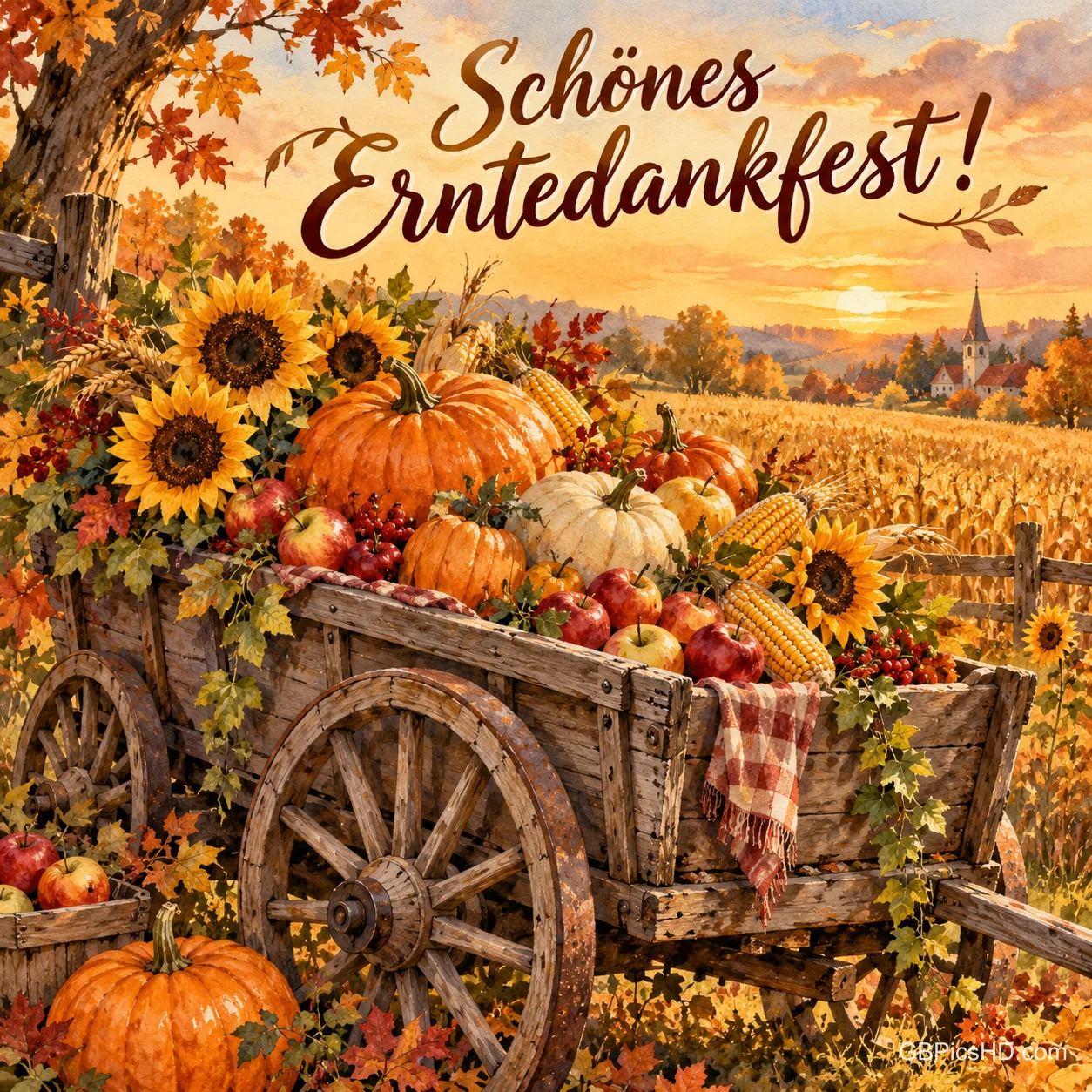Ein Holzwagen voller Kürbisse, Äpfel, Maiskolben und Sonnenblumen vor einem goldenen Herbstfeld mit dem Gruß "Schönes Erntedankfest!". Ein Holzwagen voller Kürbisse, Äpfel, Maiskolben und Sonnenblumen vor einem goldenen Herbstfeld mit dem Gruß "Schönes Erntedankfest!".