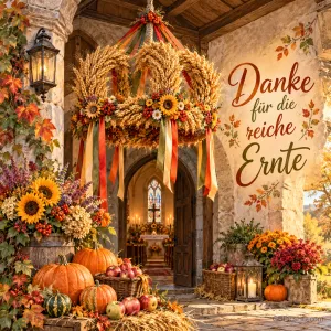 Eine Erntekrone aus Weizenähren mit bunten Bändern hängt im Kirchenportal zwischen Kürbissen und Äpfeln, dazu der Text "Danke für die reiche Ernte".