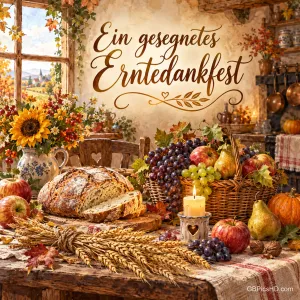 Ein Bauernküchentisch mit frischem Brot, Trauben, Äpfeln, Birnen, Weizengarben und einer Kerze, darüber der Gruß "Ein gesegnetes Erntedankfest".