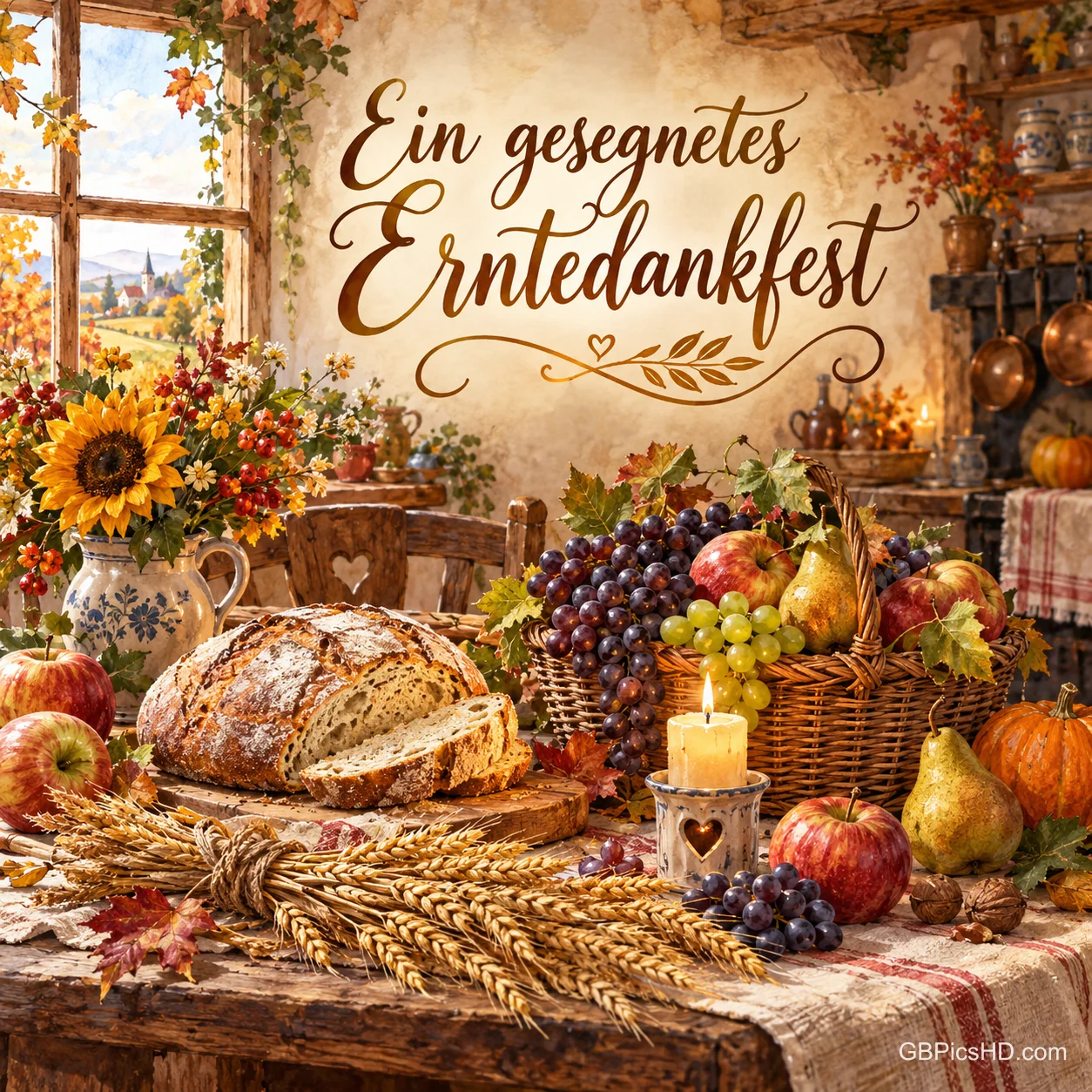 Ein Bauernküchentisch mit frischem Brot, Trauben, Äpfeln, Birnen, Weizengarben und einer Kerze, darüber der Gruß "Ein gesegnetes Erntedankfest". Ein Bauernküchentisch mit frischem Brot, Trauben, Äpfeln, Birnen, Weizengarben und einer Kerze, darüber der Gruß "Ein gesegnetes Erntedankfest".