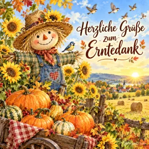 Eine lächelnde Vogelscheuche mit Strohhut steht zwischen Kürbissen und Sonnenblumen, daneben der Text "Herzliche Grüße zum Erntedank".