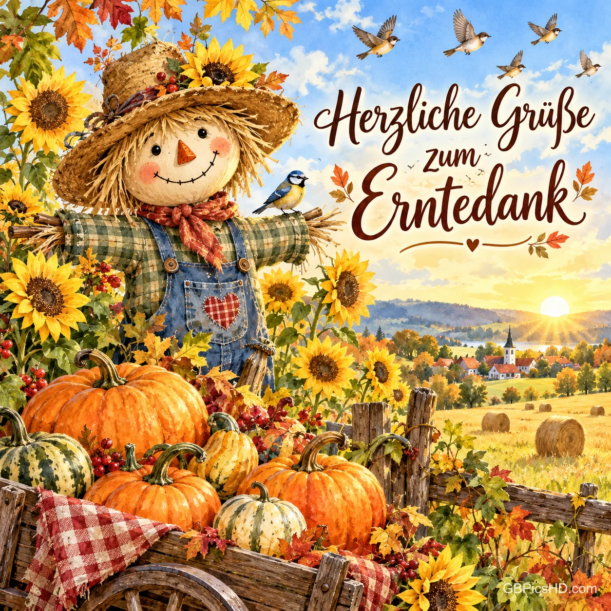 Eine lächelnde Vogelscheuche mit Strohhut steht zwischen Kürbissen und Sonnenblumen, daneben der Text "Herzliche Grüße zum Erntedank". Eine lächelnde Vogelscheuche mit Strohhut steht zwischen Kürbissen und Sonnenblumen, daneben der Text "Herzliche Grüße zum Erntedank".