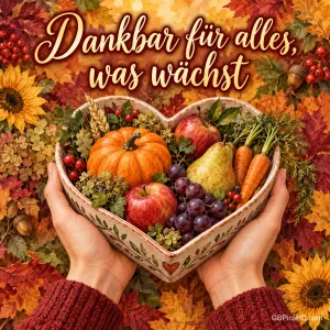 Zwei Hände halten eine herzförmige Schale mit Kürbis, Äpfeln, Birne, Trauben und Karotten vor buntem Herbstlaub, dazu "Dankbar für alles, was wächst".