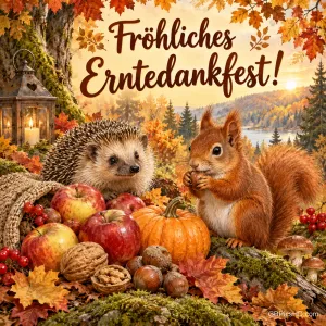 Ein Igel und ein Eichhörnchen sitzen im Herbstwald neben Äpfeln, Nüssen und einem kleinen Kürbis unter dem Gruß "Fröhliches Erntedankfest!".