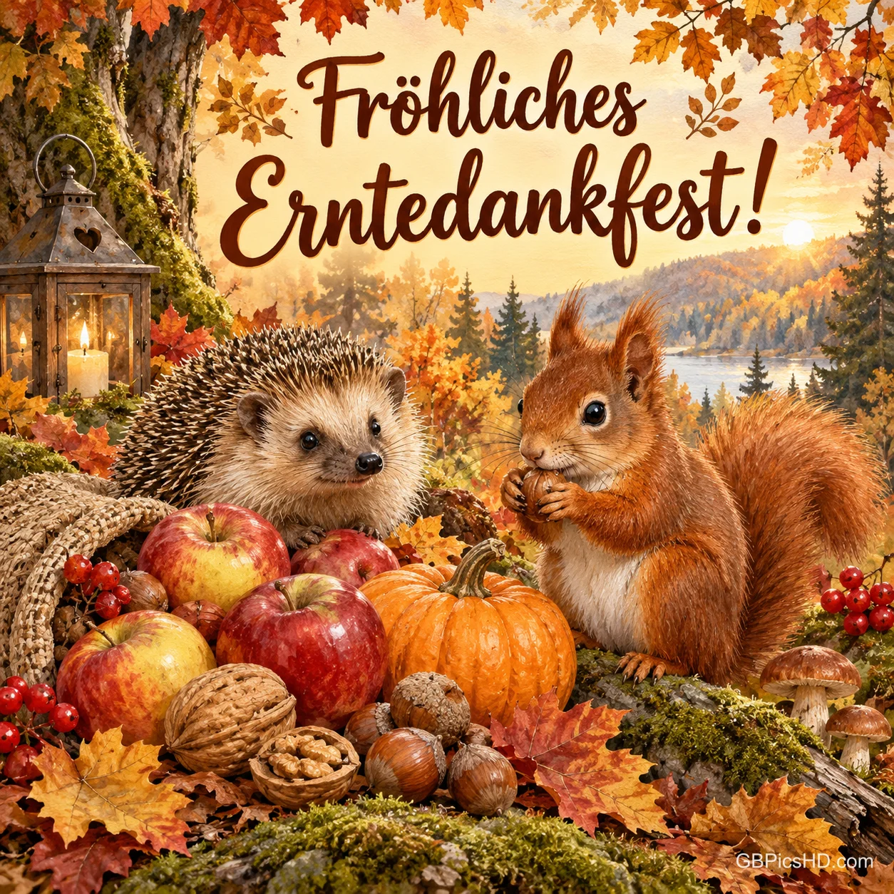 Ein Igel und ein Eichhörnchen sitzen im Herbstwald neben Äpfeln, Nüssen und einem kleinen Kürbis unter dem Gruß "Fröhliches Erntedankfest!". Ein Igel und ein Eichhörnchen sitzen im Herbstwald neben Äpfeln, Nüssen und einem kleinen Kürbis unter dem Gruß "Fröhliches Erntedankfest!".