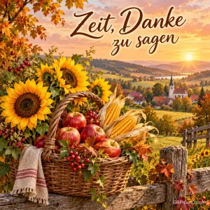 Ein Weidenkorb mit Sonnenblumen, Mais und roten Äpfeln auf einem Holzzaun vor einer Dorfkirche im goldenen Abendlicht, dazu "Zeit, Danke zu sagen".