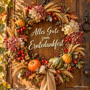Herbstkranz aus Ähren, Kürbissen, Hagebutten und Hortensien an einer alten Holztür mit dem Gruß "Alles Gute zum Erntedankfest".