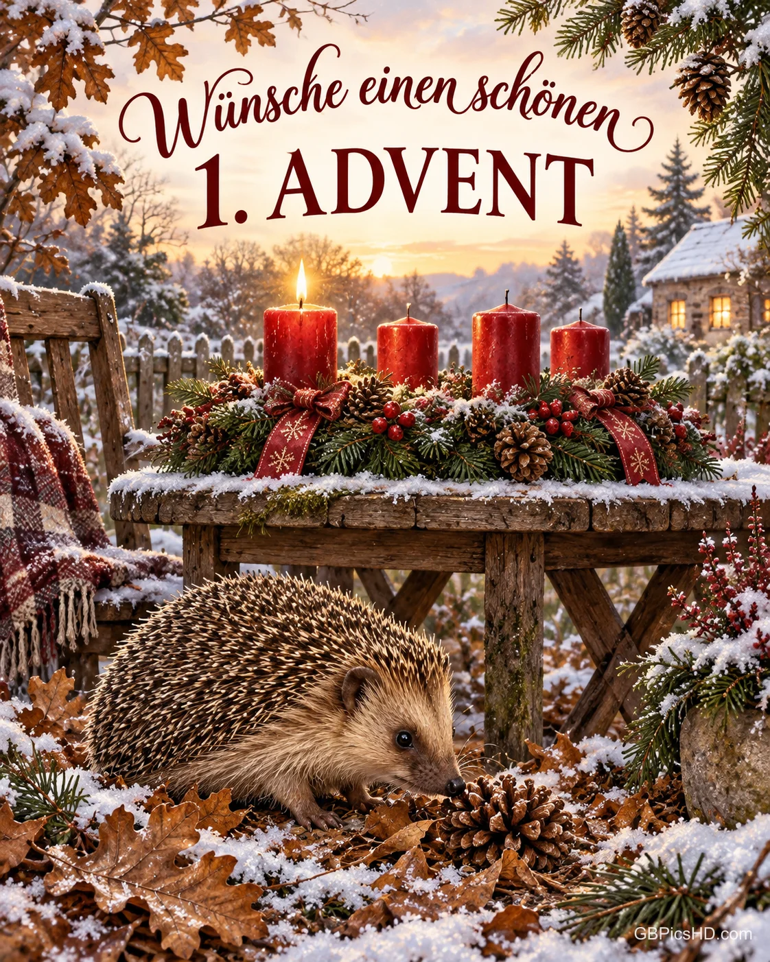 Ein Igel schnuppert im Laub und ersten Schnee an Tannenzapfen, auf dem Gartentisch brennt die erste Kerze am Adventskranz, dazu „Wünsche einen schönen 1. ADVENT“.