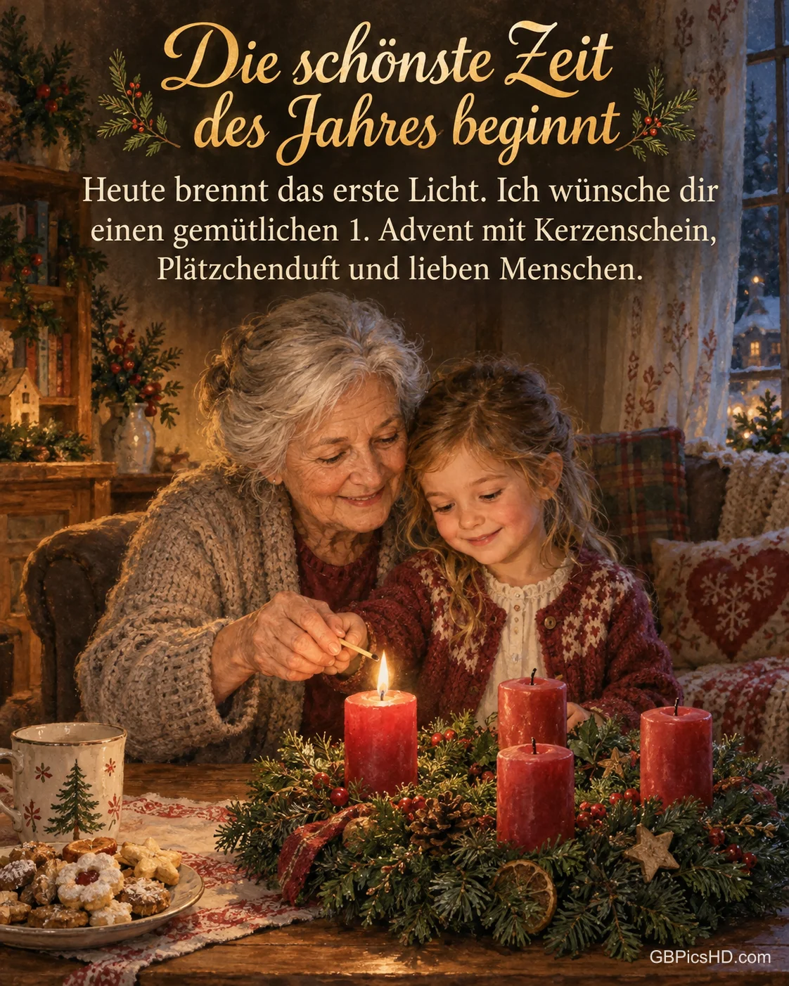 Eine Großmutter zündet mit ihrem Enkelkind die erste Kerze am Adventskranz an, dazu "Die schönste Zeit des Jahres beginnt".