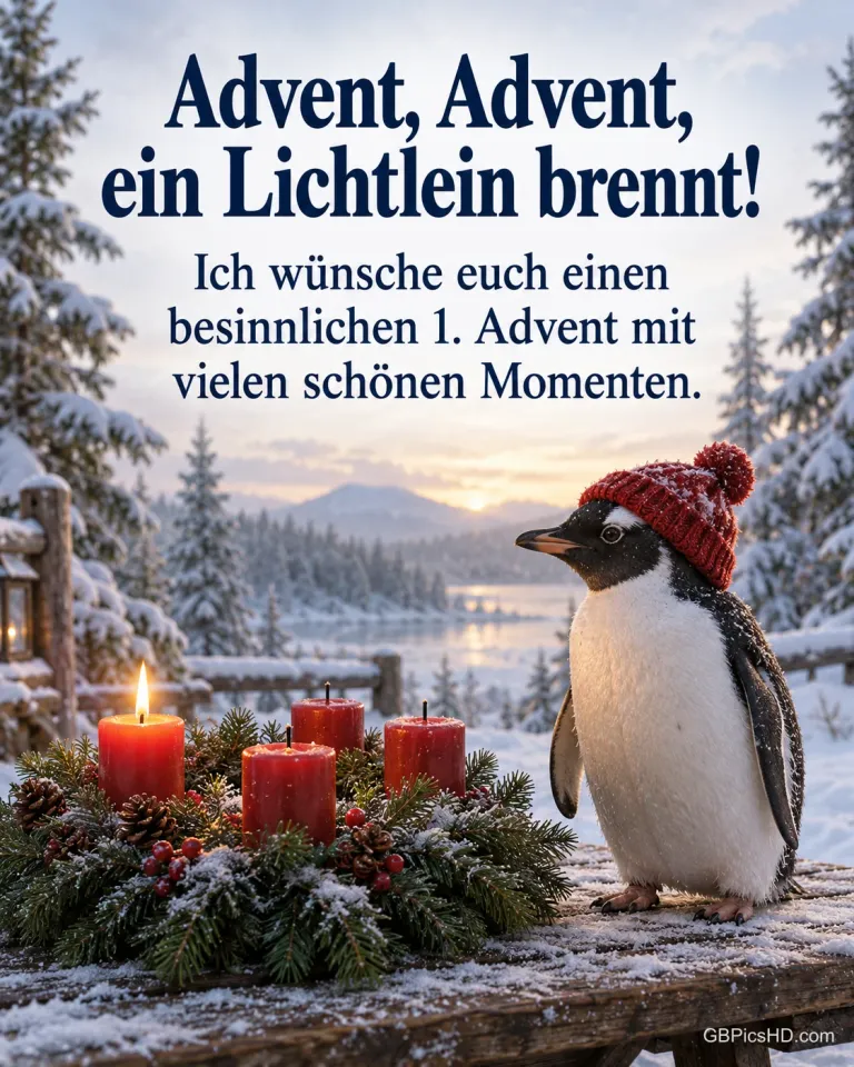Ein Pinguin mit roter Strickmütze steht im Schnee neben einem Adventskranz, an dem die erste Kerze brennt, dazu "Advent, Advent, ein Lichtlein brennt!".